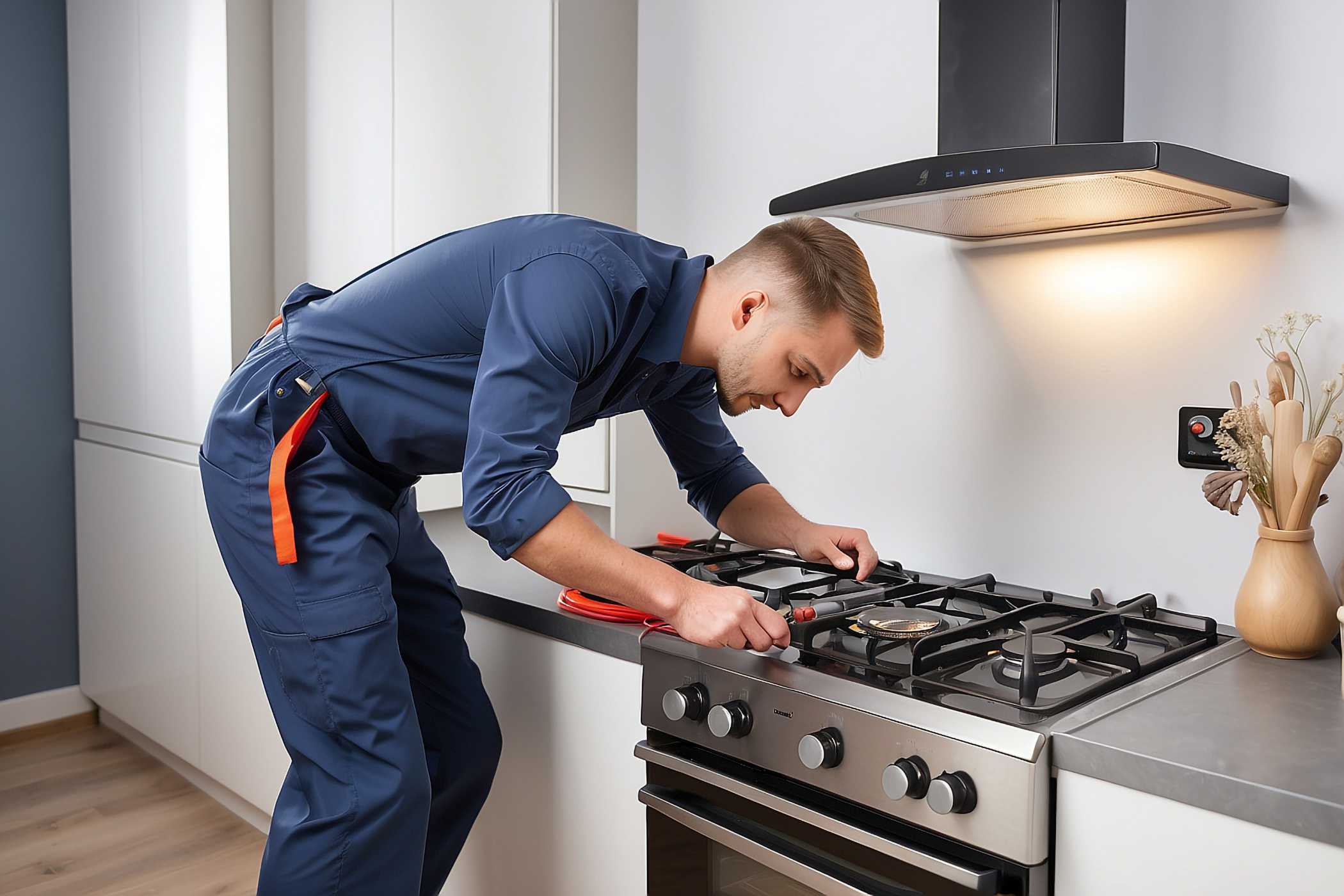 Technician repairing a gas stove in a modern kitchen – GoGas Services Warangal Hyderabad.